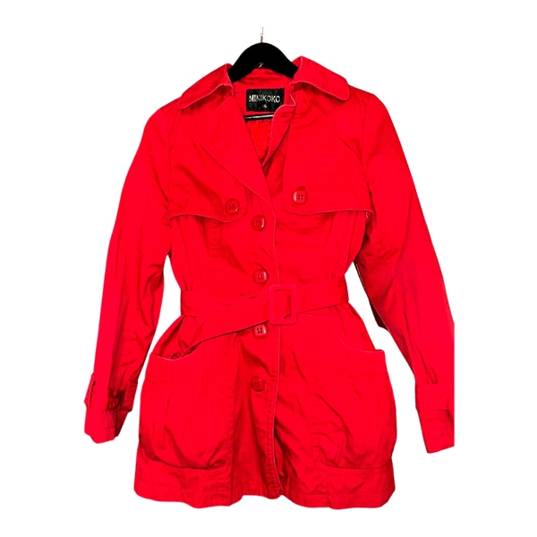 Red belted trench coat