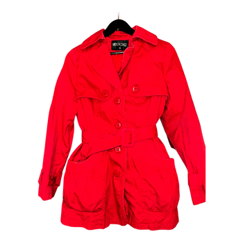 Red belted trench coat