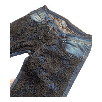 Blue jeans with black lace
