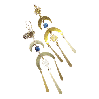 Brass gold blue celestial earrings