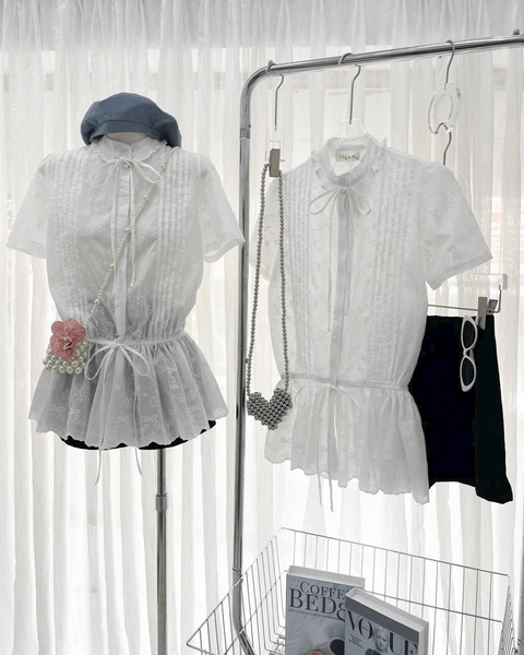 Set includes embroidered blouse with ruched waist + skirt