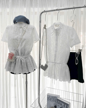 Set includes embroidered blouse with ruched waist + skirt