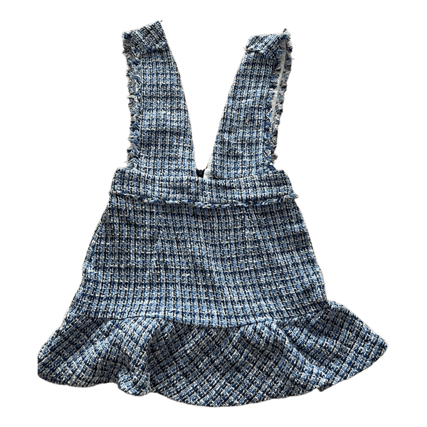 Sininen tweed-tyylinen henkselellinen mekko