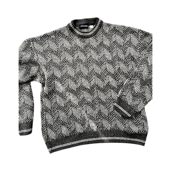 Harmaa neulepaita geometrisella kuviolla