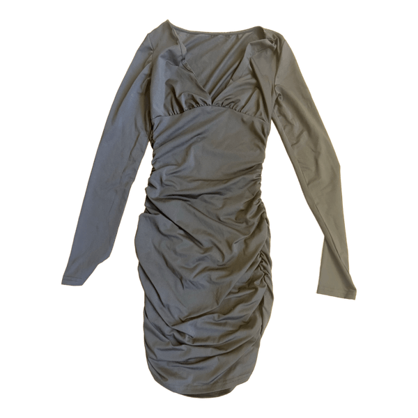 Grey long-sleeved ruched dress