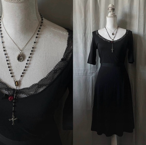 Black lace trim midi dress