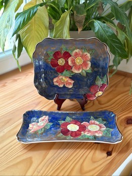 Royal Doulton Hand Painted Floral Dishes Pair – Vintage Cobalt Blue Decorative Pottery Trays 1920s 1930s