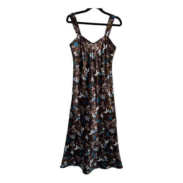 Chocolate Brown Floral Satin Slip Dress Night Gown Size S