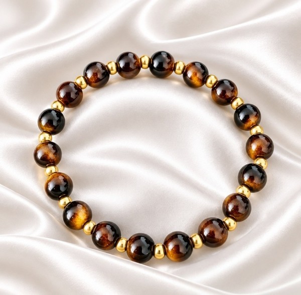 Handmade Natural Tiger's Eye Gemstone Bracelet with Gold Stainless Steel Accents