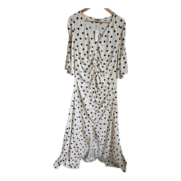 Polka dot ruched dressLindex 100% Viscose Polka Dot Ruched Maxi Dress White Black UK18 EU44 New with Tags